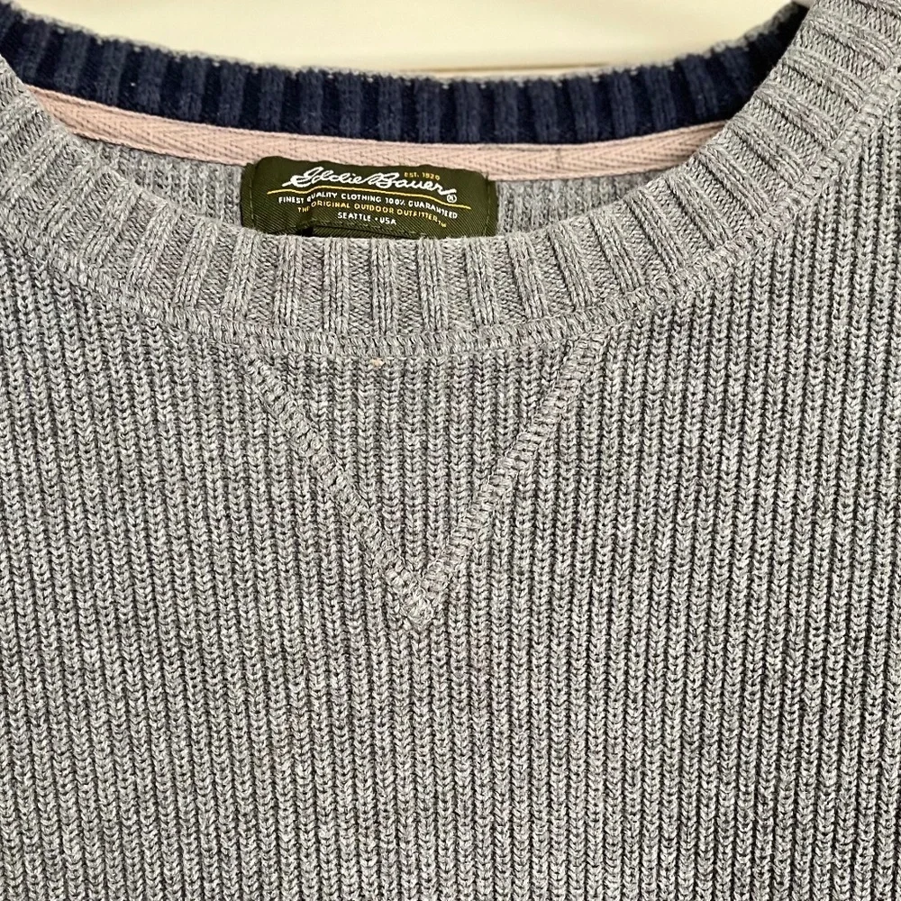 Eddie Bauer MENS Medium Gray Crew Neck Heavy Cotton Ribbed Sweater Size L - Picture 3 of 6